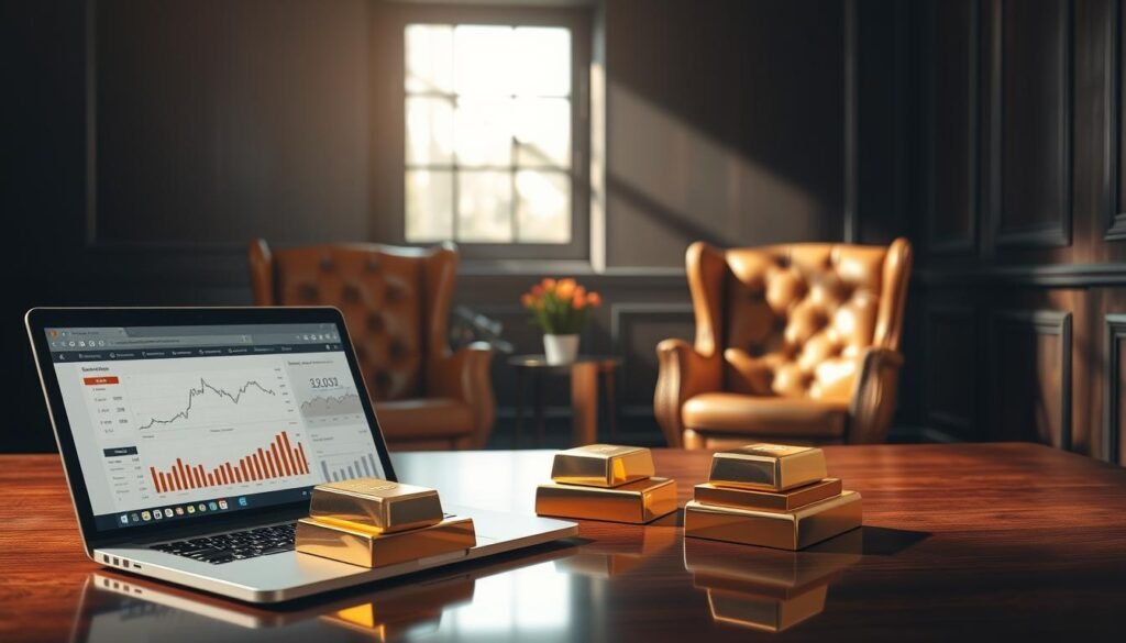 A serene, dimly lit office scene. In the foreground, a laptop display shows a financial dashboard, various charts and graphs depicting portfolio performance under stress conditions. Modeled 3D gold bullion bars rest atop the desk, casting warm reflections across the surface. The middle ground features a pair of well-worn leather chairs, their rich tones complementing the dark, wood-paneled walls. Soft, directional lighting filters in from a window in the background, creating a contemplative atmosphere as an executive ponders the implications of the stress test results. A serene, dimly lit office scene. In the foreground, a laptop display shows a financial dashboard, various charts and graphs depicting portfolio performance under stress conditions. Modeled 3D gold bullion bars rest atop the desk, casting warm reflections across the surface. The middle ground features a pair of well-worn leather chairs, their rich tones complementing the dark, wood-paneled walls. Soft, directional lighting filters in from a window in the background, creating a contemplative atmosphere as an executive ponders the implications of the stress test results.