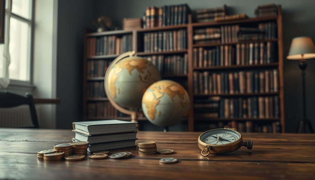 A serene, dimly lit room with muted tones. In the foreground, a wooden table holds a few gold coins, a stack of government bonds, and an old-fashioned compass, symbolizing a risk-off portfolio strategy. The middle ground features a large, antique globe, hinting at global market uncertainty. The background is dominated by a bookshelf filled with financial journals and ledgers, casting a warm, intellectual atmosphere. Soft, directional lighting illuminates the scene, creating depth and a contemplative mood, as if the viewer is considering the best path forward in turbulent times. A serene, dimly lit room with muted tones. In the foreground, a wooden table holds a few gold coins, a stack of government bonds, and an old-fashioned compass, symbolizing a risk-off portfolio strategy. The middle ground features a large, antique globe, hinting at global market uncertainty. The background is dominated by a bookshelf filled with financial journals and ledgers, casting a warm, intellectual atmosphere. Soft, directional lighting illuminates the scene, creating depth and a contemplative mood, as if the viewer is considering the best path forward in turbulent times.