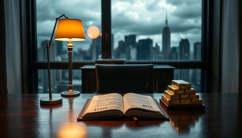 A serene, dimly lit study with a large window overlooking a stormy cityscape. In the foreground, a polished wooden desk holds a stack of gold bullion bars, their reflective surfaces glimmering softly. A single lamp casts a warm, focused light on the desk, creating a sense of contemplation and strategic decision-making. In the middle ground, a leather-bound book lies open, its pages filled with financial charts and data. The background reveals the ominous clouds and rain outside, conveying a sense of economic uncertainty. The overall atmosphere is one of thoughtful, determined investment in the face of turbulent times. A serene, dimly lit study with a large window overlooking a stormy cityscape. In the foreground, a polished wooden desk holds a stack of gold bullion bars, their reflective surfaces glimmering softly. A single lamp casts a warm, focused light on the desk, creating a sense of contemplation and strategic decision-making. In the middle ground, a leather-bound book lies open, its pages filled with financial charts and data. The background reveals the ominous clouds and rain outside, conveying a sense of economic uncertainty. The overall atmosphere is one of thoughtful, determined investment in the face of turbulent times.