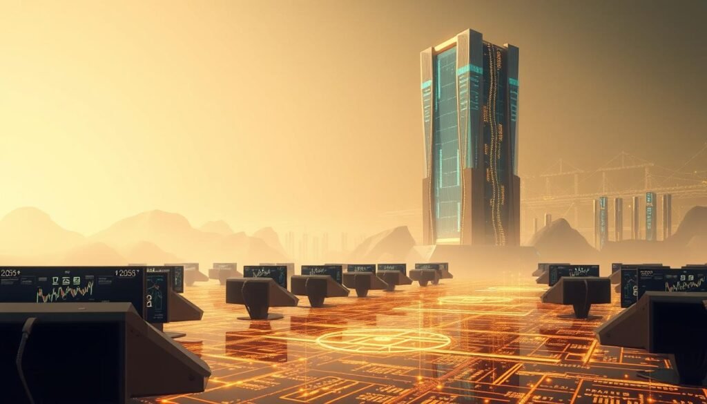 A serene, futuristic landscape with a towering, crystalline data center overlooking a vast, shimmering gold trading platform. Sleek, autonomous trading terminals scattered throughout the foreground, their holographic displays reflecting the intricate patterns of algorithmic trading. Diffused, warm lighting bathes the scene, casting a sense of technological elegance. In the distance, a network of glowing data cables and servers hum with the constant flow of financial information. The atmosphere is one of precision, efficiency, and the seamless integration of human and machine intelligence in the pursuit of digital gold. A serene, futuristic landscape with a towering, crystalline data center overlooking a vast, shimmering gold trading platform. Sleek, autonomous trading terminals scattered throughout the foreground, their holographic displays reflecting the intricate patterns of algorithmic trading. Diffused, warm lighting bathes the scene, casting a sense of technological elegance. In the distance, a network of glowing data cables and servers hum with the constant flow of financial information. The atmosphere is one of precision, efficiency, and the seamless integration of human and machine intelligence in the pursuit of digital gold.