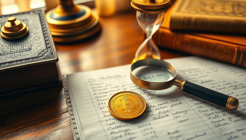 A serene, gilded study with a rich, textured desk and a pair of aged, leather-bound books. Soft, warm lighting casts a golden glow, illuminating a brass hourglass and a magnifying glass resting atop a handwritten financial ledger. In the foreground, a single gold coin rests, its surface gleaming with an almost hypnotic allure. The scene evokes a sense of contemplation, inviting the viewer to ponder the psychological underpinnings of gold investment decisions. A serene, gilded study with a rich, textured desk and a pair of aged, leather-bound books. Soft, warm lighting casts a golden glow, illuminating a brass hourglass and a magnifying glass resting atop a handwritten financial ledger. In the foreground, a single gold coin rests, its surface gleaming with an almost hypnotic allure. The scene evokes a sense of contemplation, inviting the viewer to ponder the psychological underpinnings of gold investment decisions.