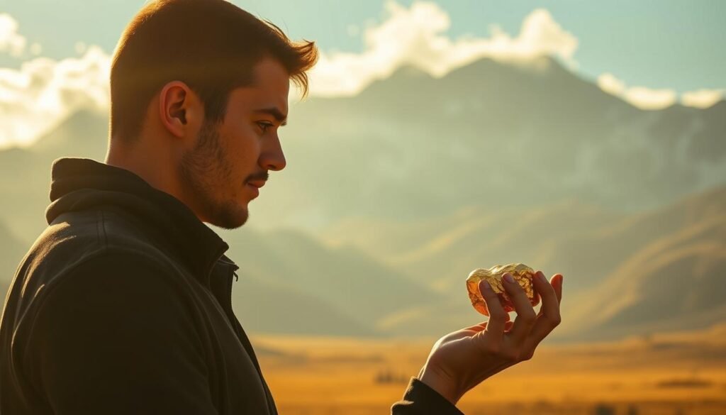 A serene, golden-hued landscape, with a lone figure gazing contemplatively at a gleaming nugget in their hand. Soft, diffused light filters through wispy clouds, casting a warm, introspective glow. In the background, a sprawling mountain range stands tall, its peaks capped with snow, symbolizing the enduring, timeless allure of this precious metal. The figure's expression conveys a deep, emotional connection to the gold, a sense of wonder and reverence for its inherent value. The scene evokes a sense of tranquility and introspection, inviting the viewer to reflect on the psychological factors that drive the human desire to possess and invest in this timeless treasure.