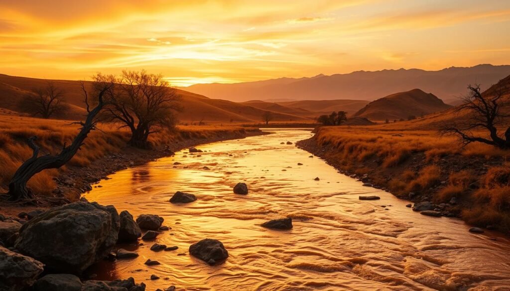 A serene, golden landscape at dusk. In the foreground, a river of molten gold flows gently, reflecting the warm, fading sunlight. On the riverbank, weathered rocks and gnarled trees stand as silent witnesses to the market's ebb and flow. In the middle ground, rolling hills undulate, their slopes blanketed in a shimmering carpet of gold. Distant mountains rise, their peaks touched by a soft, ethereal glow. The sky above is a tapestry of oranges and pinks, hinting at the ever-changing nature of the markets. A sense of tranquility and contemplation pervades the scene, inviting the viewer to pause and reflect on the cyclical nature of gold's value.