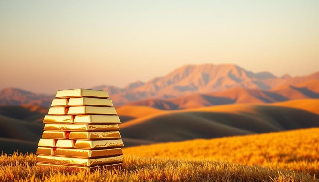 A serene, golden landscape bathed in warm, diffused lighting. In the foreground, a towering stack of gleaming gold bars, their surfaces reflecting the soft glow. Behind it, a vast expanse of rolling hills, their slopes covered in a shimmering, metallic grass. In the distance, a majestic mountain range, its peaks capped in a brilliant, golden hue. The sky overhead is a tranquil, hazy blue, adding to the sense of calm and contemplation. The overall composition exudes a sense of solidity, stability, and the allure of wealth, perfectly capturing the unique psychology behind gold as an investment.