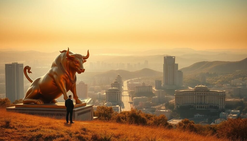 A serene, golden landscape bathed in warm, diffused sunlight. In the foreground, a solitary figure stands reverently before a towering, ornate statue of a gilded bull, its form radiating an aura of power and allure. The middle ground reveals a sprawling cityscape of gleaming skyscrapers and prestigious financial institutions, their facades glistening with the promise of wealth and prosperity. In the distance, the horizon is dotted with lush, rolling hills, evoking a sense of timeless, natural beauty. The overall composition conveys a powerful emotional appeal, juxtaposing the primal, instinctual draw of gold with the modern, sophisticated trappings of the investment world.