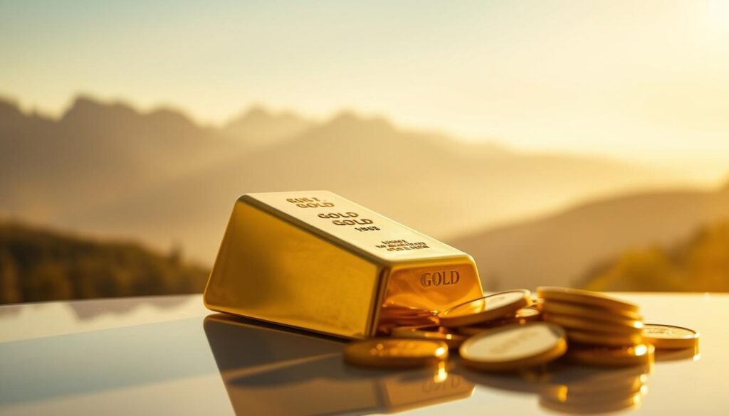 A serene, golden landscape bathed in warm, natural lighting. In the foreground, a large, gleaming gold bullion bar rests on a reflective surface, casting a soft, shimmering glow. In the middle ground, a group of gold coins spill out, their polished surfaces catching the light. In the background, a tranquil, misty mountain range stands tall, symbolizing the enduring strength and stability of gold as a safe haven asset. The composition is balanced and harmonious, conveying a sense of timeless value and security in the face of economic uncertainty.