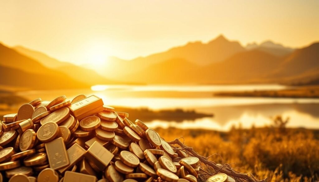 A serene golden landscape bathed in warm, soft lighting. In the foreground, a gleaming pile of gold coins, bars, and nuggets, exuding a sense of security and stability. The middle ground features a tranquil, reflective pond, mirroring the golden hues above. In the background, majestic mountains rise, their peaks capped with a hint of snow, conveying a timeless, enduring quality. The scene radiates an aura of solidity, stability, and safety, suggesting a reliable haven for investors seeking refuge from market volatility.