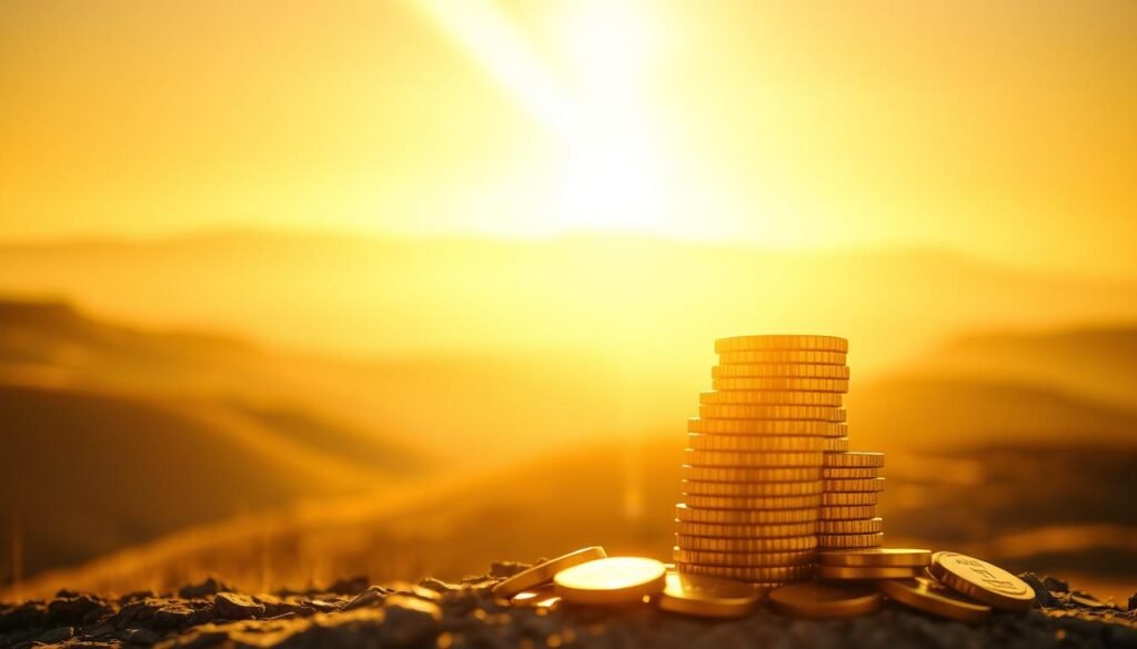 A serene, golden landscape with rolling hills and a majestic mountain range in the distance. In the foreground, a stack of gold coins and bars illuminated by warm, natural lighting, casting a soft, radiant glow. Subtle lens flare effects add depth and a sense of grandeur. The background is hazy, creating a dreamlike atmosphere that emphasizes the wealth and stability associated with gold investment. The overall composition conveys the benefits of gold as a timeless, reliable asset that can provide financial security and growth.