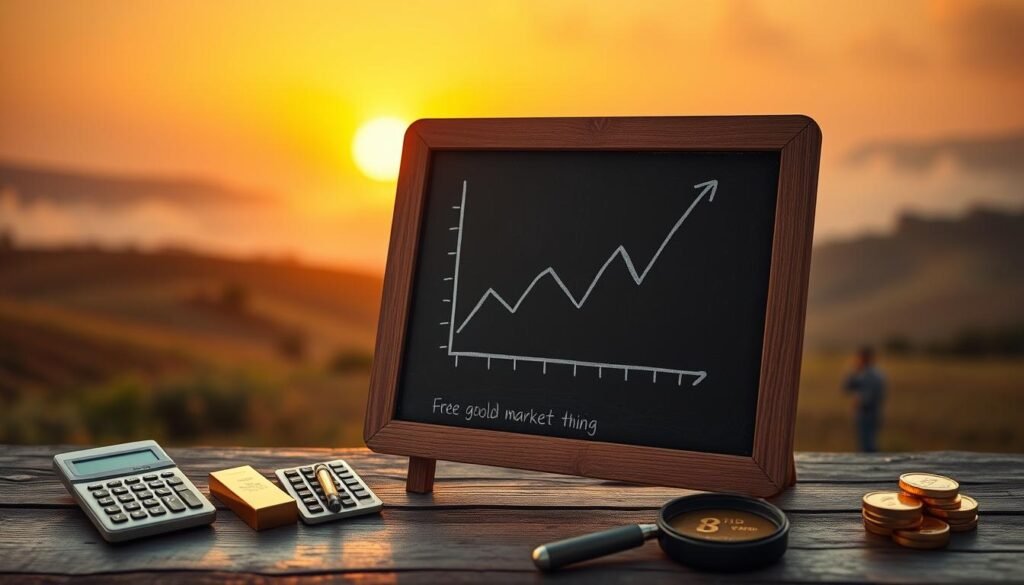 A serene golden sunrise casts a warm glow over a tranquil landscape. In the foreground, a weathered chalkboard displays a simple chart depicting the trajectory of a gold market correction. Surrounding it, various financial tools and symbols - a calculator, a magnifying glass, and gold bullion - symbolize the analytical process of navigating this market adjustment. In the middle ground, a contemplative investor sits, observing the chalkboard with a pensive expression. The background fades into a misty, abstract scene, suggesting the complex and uncertain nature of the financial markets. The overall mood is one of thoughtful deliberation, conveying the importance of maintaining discipline and perspective during periods of market volatility.