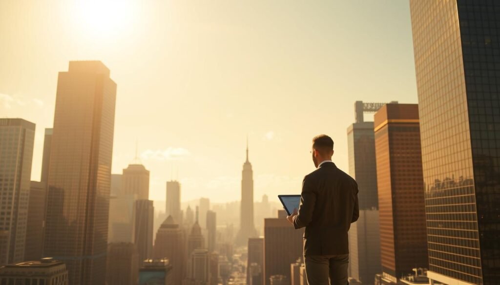A serene, golden vista of a bustling financial district, framed by towering skyscrapers and a cloudless sky. In the foreground, a lone trader stands contemplatively, chart and tablet in hand, caught in the act of timing the ebbs and flows of the precious metal market. Soft, warm lighting casts a halo effect, evoking a sense of both focus and contemplation. The middle ground is alive with the bustle of activity - brokers, analysts, and investors engaged in the dance of buying and selling. In the distance, the iconic symbols of wealth and prosperity glimmer in the sunlight, a constant temptation to those seeking to master the timing of the gold market.