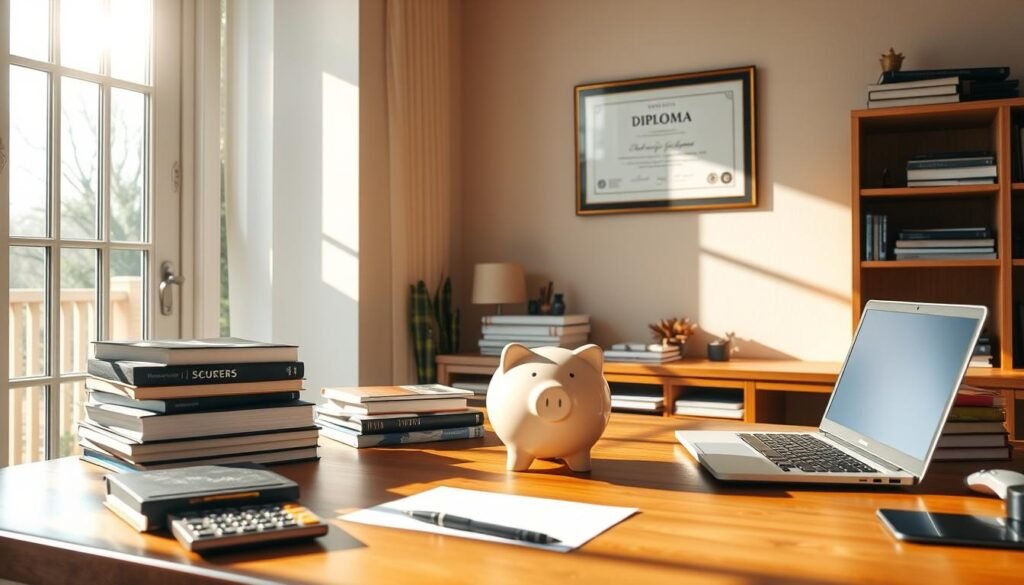 A serene home office with a wooden desk, a framed diploma on the wall, and a piggy bank on the desk. Sunlight streams through a large window, casting a warm glow on the scene. Surrounding the desk are stacks of books, a calculator, and a laptop, symbolizing the pursuit of education and financial planning. The atmosphere conveys a sense of focus, diligence, and the challenges of saving for the rising costs of higher education. A serene home office with a wooden desk, a framed diploma on the wall, and a piggy bank on the desk. Sunlight streams through a large window, casting a warm glow on the scene. Surrounding the desk are stacks of books, a calculator, and a laptop, symbolizing the pursuit of education and financial planning. The atmosphere conveys a sense of focus, diligence, and the challenges of saving for the rising costs of higher education.