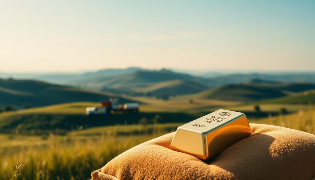 A serene landscape bathed in warm, golden light. In the foreground, a solid, gleaming bar of pure gold rests on a plush, velvet cushion, symbolizing the enduring value and stability it provides. In the middle ground, a portfolio of financial instruments stands as a testament to the diversification it offers. The background reveals a tranquil, pastoral scene, with rolling hills and a clear, azure sky, evoking a sense of security and timelessness. The composition is captured through a wide-angle lens, creating a sense of depth and grandeur, emphasizing gold's unique role as a safe haven in investment portfolios. A serene landscape bathed in warm, golden light. In the foreground, a solid, gleaming bar of pure gold rests on a plush, velvet cushion, symbolizing the enduring value and stability it provides. In the middle ground, a portfolio of financial instruments stands as a testament to the diversification it offers. The background reveals a tranquil, pastoral scene, with rolling hills and a clear, azure sky, evoking a sense of security and timelessness. The composition is captured through a wide-angle lens, creating a sense of depth and grandeur, emphasizing gold's unique role as a safe haven in investment portfolios.