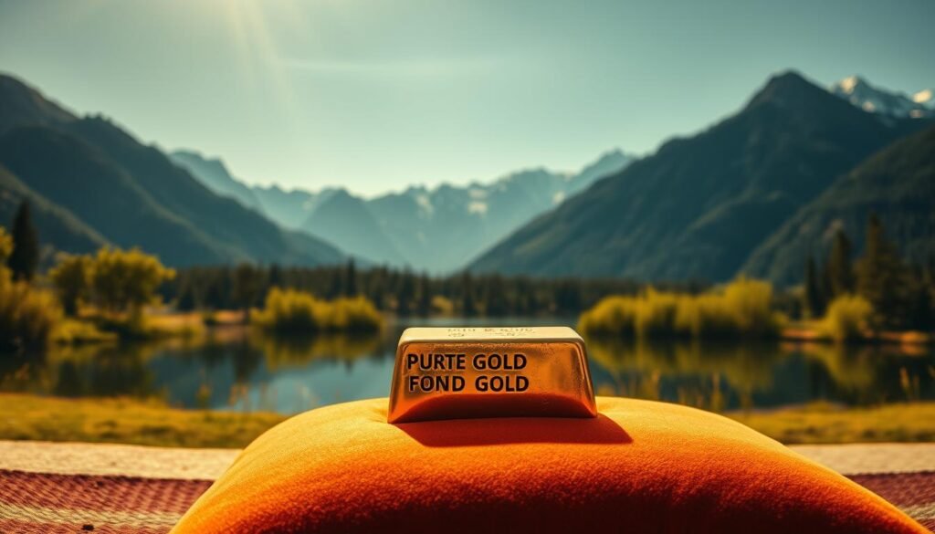 A serene landscape bathed in warm, golden light. In the foreground, a sturdy, gleaming ingot of pure gold rests atop a plush velvet cushion, symbolizing the stability and wealth it represents. The middle ground features a peaceful pond, its still surface reflecting the surrounding lush greenery and the clear, azure sky above. In the background, majestic mountains rise, their peaks capped with snow, conveying a sense of timelessness and enduring strength. The entire scene is captured through a wide-angle lens, creating a harmonious, cinematic composition that evokes a feeling of security and timeless value.