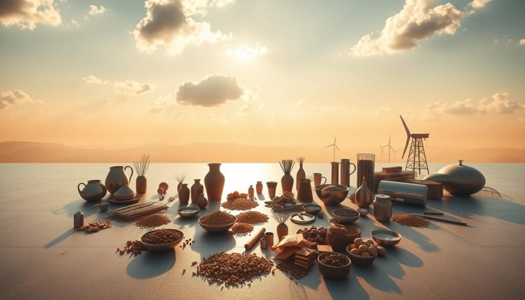 A serene landscape depicting the essence of commodities as an asset class. In the foreground, an array of physical commodities such as precious metals, agricultural products, and energy resources are meticulously arranged, each casting soft shadows upon a polished, reflective surface. The middle ground features a tranquil, cloud-dotted sky with warm, directional lighting, casting a golden glow over the scene. In the background, a subtle, hazy horizon line suggests the global scale and interconnectedness of the commodities market. The overall mood is one of stability, solidity, and the timeless value of tangible assets, inviting the viewer to contemplate the role of commodities in a balanced investment portfolio.