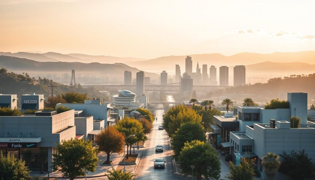 A serene landscape of small businesses thriving in a harmonious financial ecosystem. In the foreground, a well-manicured urban setting with modern, minimalist architecture housing local shops and services. Midground, a bustling financial district with towering skyscrapers and a network of bridges and walkways, symbolizing the interconnectedness of the small business community. In the background, rolling hills and a vibrant, cloudless sky, conveying a sense of stability, growth, and opportunity. Soft, warm lighting illuminates the scene, casting a golden glow over the entire composition. The overall atmosphere is one of balance, prosperity, and optimism for the future of small businesses.