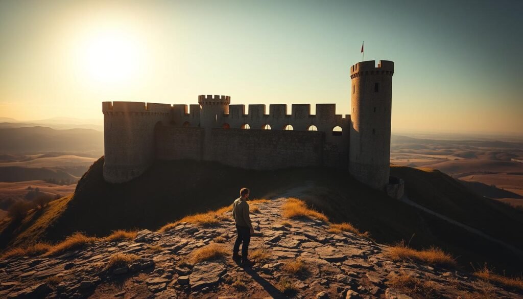 A serene landscape where a sturdy fortress stands tall, its weathered walls and sturdy towers a symbol of resilience in the face of market volatility. The sun casts a warm glow across the scene, illuminating the intricate stonework and casting long shadows that stretch across the ground. In the foreground, a lone figure gazes outward, their expression one of calm determination, a metaphor for the steadfast approach to portfolio defense. The background features rolling hills and a distant horizon, conveying a sense of balance and security. The entire scene is imbued with a sense of stability and protection, reflecting the need for a defensive strategy in today's unpredictable financial landscape.