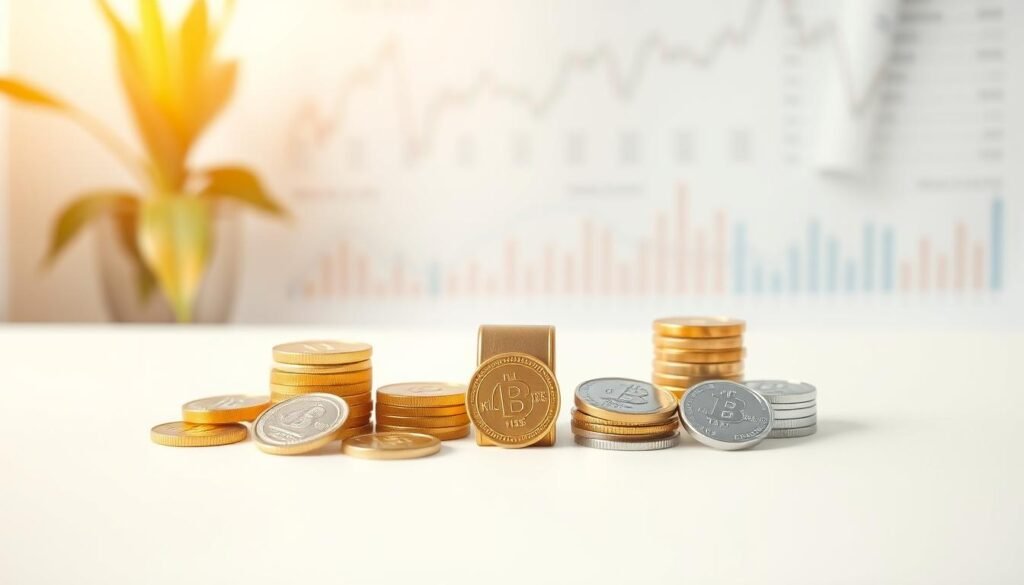 A serene, minimalist composition showcasing the essence of portfolio diversification. In the foreground, a clean white table holds a variety of precious metal coins and bars - gold, silver, and platinum - meticulously arranged in a visually harmonious pattern. The middle ground features a soft, blurred background of different financial charts and graphs, hinting at the broader investment landscape. Subtle natural lighting from an unseen source casts a warm, golden glow over the scene, creating a sense of balance and stability. The overall atmosphere evokes a feeling of thoughtful planning, prudent asset allocation, and the strength inherent in a well-diversified portfolio.