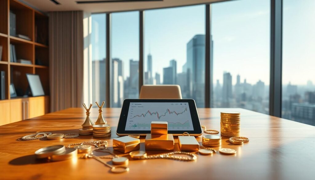 A serene office setting, with a large wooden desk in the foreground. On the desk, a collection of gold coins, bars, and jewelry are neatly arranged, casting a warm, golden glow. In the middle ground, a tablet displays various financial charts and graphs, suggesting a deep analysis of investment strategies. The background features a floor-to-ceiling window, overlooking a cityscape with skyscrapers and a clear, blue sky. The lighting is soft and natural, creating a sense of tranquility and focus, perfectly capturing the essence of "gold investment strategies" in the context of the article's section title. A serene office setting, with a large wooden desk in the foreground. On the desk, a collection of gold coins, bars, and jewelry are neatly arranged, casting a warm, golden glow. In the middle ground, a tablet displays various financial charts and graphs, suggesting a deep analysis of investment strategies. The background features a floor-to-ceiling window, overlooking a cityscape with skyscrapers and a clear, blue sky. The lighting is soft and natural, creating a sense of tranquility and focus, perfectly capturing the essence of "gold investment strategies" in the context of the article's section title.