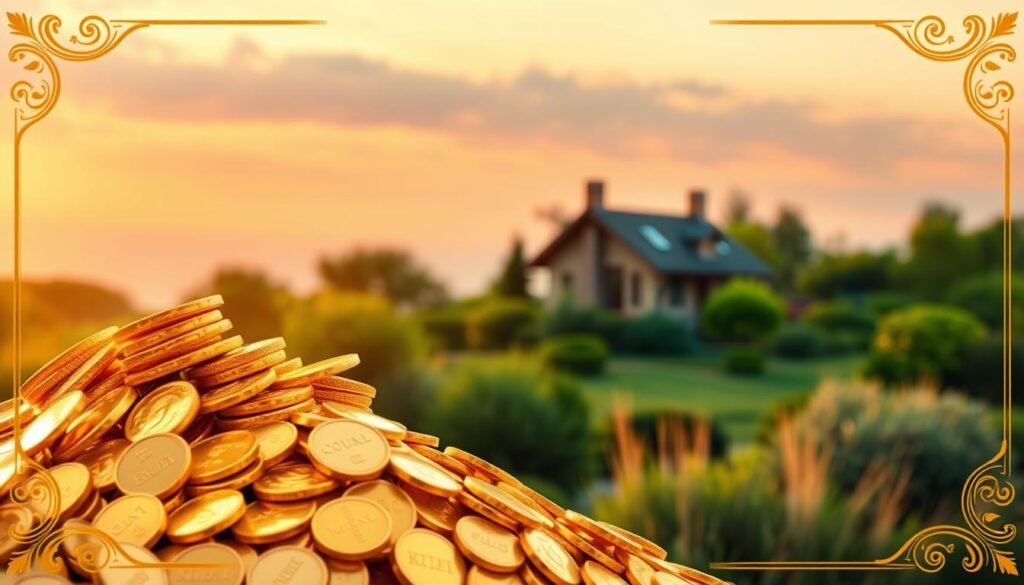 A serene retirement landscape bathed in a warm, golden glow. In the foreground, a pile of shimmering gold coins and bullion, symbolizing the strategic value of gold in secure financial planning. Behind it, a cozy cottage nestled amidst lush greenery, representing a comfortable, worry-free retirement. The sky is a tranquil blend of soft hues, creating a sense of peace and stability. The composition is framed by a classic, elegant design, conveying the timeless importance of gold as a reliable asset in retirement portfolios. The overall atmosphere exudes a feeling of financial stability, security, and the promise of a fulfilling golden years.