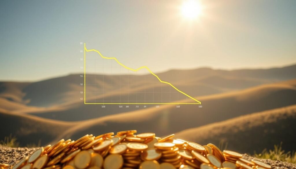 A serene, sun-drenched landscape with rolling hills in the background. In the foreground, a gleaming pile of gold coins and bullion, casting a warm, radiant glow. Hovering above the gold, a chart displaying a dramatic downward trend, representing the drop in interest rates. The chart casts a subtle, ethereal shadow over the gold, symbolizing the fundamental relationship between interest rates and the performance of the precious metal. The lighting is soft and diffused, creating a tranquil, contemplative atmosphere. The entire scene is captured from a slightly elevated angle, giving a sense of perspective and depth. A serene, sun-drenched landscape with rolling hills in the background. In the foreground, a gleaming pile of gold coins and bullion, casting a warm, radiant glow. Hovering above the gold, a chart displaying a dramatic downward trend, representing the drop in interest rates. The chart casts a subtle, ethereal shadow over the gold, symbolizing the fundamental relationship between interest rates and the performance of the precious metal. The lighting is soft and diffused, creating a tranquil, contemplative atmosphere. The entire scene is captured from a slightly elevated angle, giving a sense of perspective and depth.