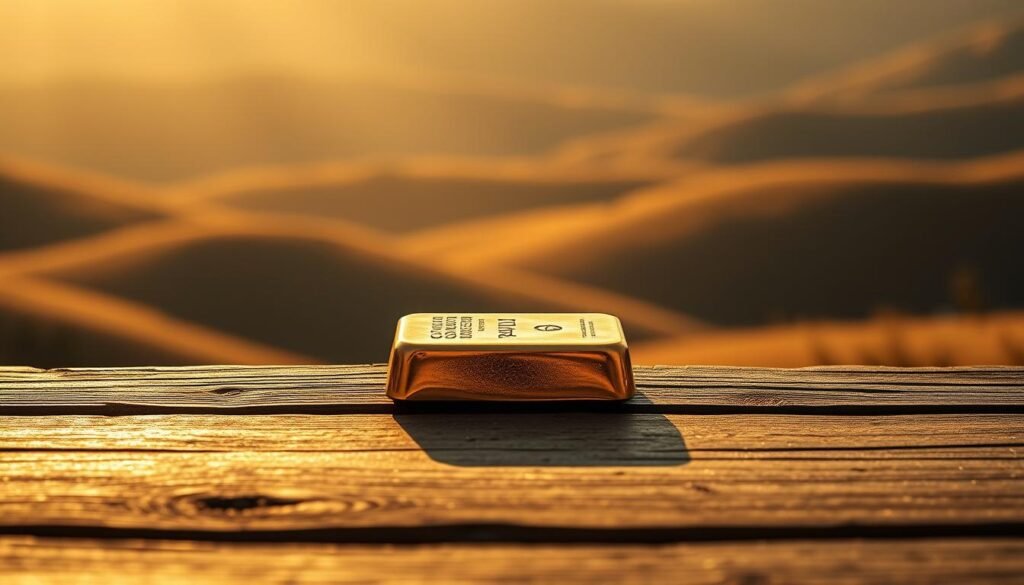 A serene, sunlit landscape with rolling hills in the background, bathed in a warm, golden glow. In the foreground, a solid gold bar sits atop a weathered, wooden table, casting a soft, radiant reflection onto the surface. The lighting is natural and diffused, creating a sense of tranquility and timelessness. The composition is balanced, with the gold bar positioned to draw the viewer's eye and convey its significance as a reliable, recession-resistant investment. The overall mood is one of stability, security, and the enduring value of gold during times of economic uncertainty.