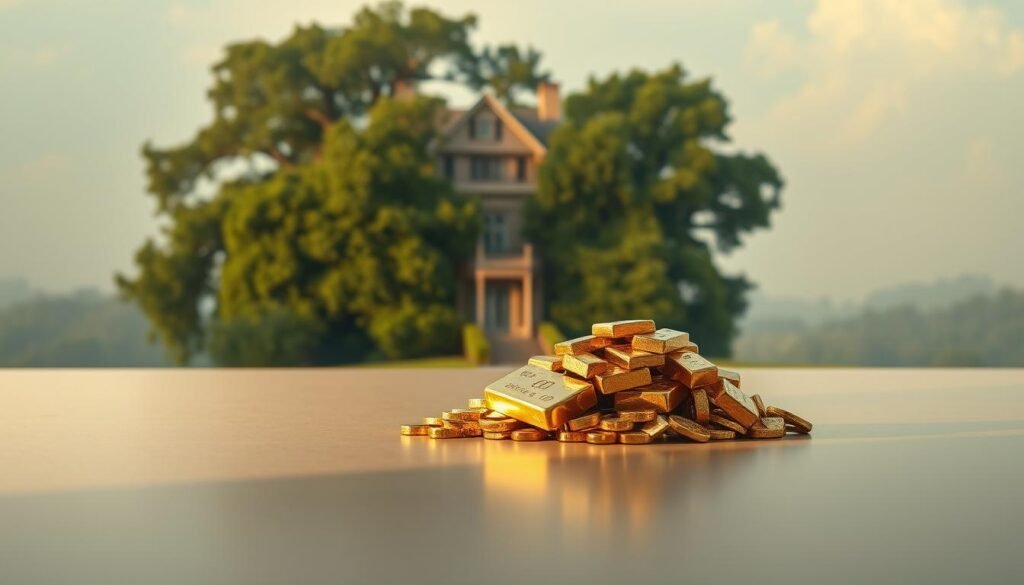 A serene tableau depicting the liquidity contrast between gold and real estate investments. In the foreground, a gleaming pile of gold bullion sits atop a smooth, reflective surface, casting warm, ambient lighting. In the middle ground, a stately manor house stands, partially obscured by lush, verdant foliage, symbolizing the relative illiquidity of real estate. The background features a hazy, dreamlike sky, creating a contemplative, pensive atmosphere. The composition conveys the relative ease of liquidating gold compared to the complexity of selling a property, inviting the viewer to ponder the tradeoffs between these two wealth preservation assets. A serene tableau depicting the liquidity contrast between gold and real estate investments. In the foreground, a gleaming pile of gold bullion sits atop a smooth, reflective surface, casting warm, ambient lighting. In the middle ground, a stately manor house stands, partially obscured by lush, verdant foliage, symbolizing the relative illiquidity of real estate. The background features a hazy, dreamlike sky, creating a contemplative, pensive atmosphere. The composition conveys the relative ease of liquidating gold compared to the complexity of selling a property, inviting the viewer to ponder the tradeoffs between these two wealth preservation assets.