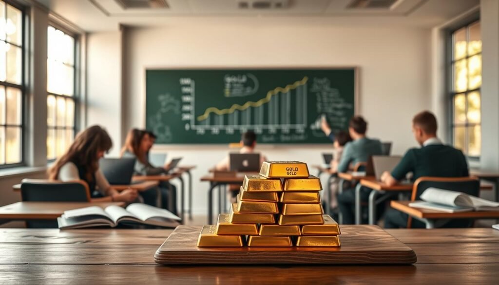 A serene, well-lit classroom setting with a focal point of a stack of gold bullion bars on a wooden desk. In the foreground, students are intently studying financial planning materials, surrounded by books and laptops. The middle ground features a chalkboard displaying a graph charting the performance of gold investments over time. In the background, large windows allow natural light to flood the room, creating a warm, contemplative atmosphere. The overall scene conveys the synergy between gold as an asset class and education planning for a secure financial future.