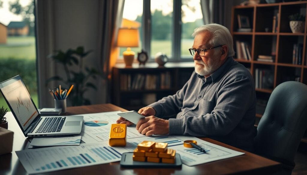 A serene, well-lit home office setting, with a senior investor sitting at a desk, surrounded by financial reports, charts, and a laptop. The desktop features a prominent gold bullion coin or bar, symbolizing the senior's focus on gold investment. Soft, warm lighting illuminates the scene, creating a sense of comfort and stability. The background showcases a bookshelf, a window with a view of a tranquil suburban landscape, and subtle hints of economic indicators, such as a newspaper or financial news on the laptop screen. The overall mood is one of contemplation, financial prudence, and a confident, measured approach to navigating the current economic landscape.
