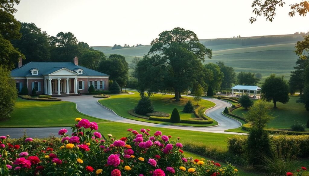 A serene, well-manicured estate nestled in a lush, verdant landscape. The stately manor, with its grand columns and ornate facade, stands as a symbol of wealth and legacy. In the foreground, a meticulously tended garden is dotted with vibrant blooms, creating a tranquil ambiance. The middle ground features a winding driveway, lined with towering oak trees, leading up to the impressive main entrance. In the background, a gently rolling hillside provides a picturesque backdrop, bathed in the warm glow of a late afternoon sun. The overall scene conveys a sense of timeless elegance and the enduring significance of estate planning and taxation.
