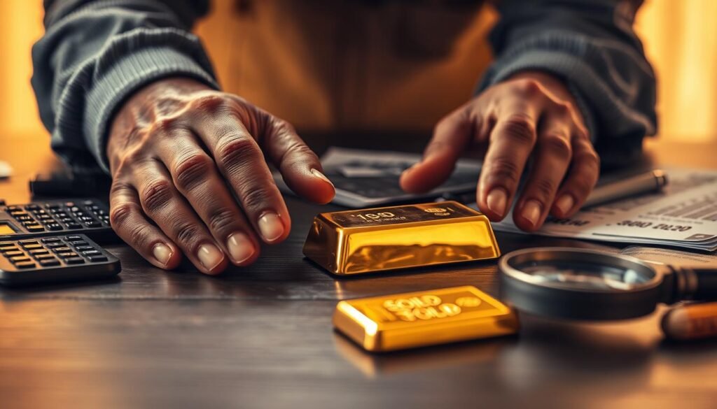 A shimmering gold bar rests on a dark, wooden surface, its polished surface reflecting the warm, ambient lighting of the scene. In the foreground, a pair of weathered, experienced hands gently caress the precious metal, conveying a sense of reverence and intrinsic value. The middle ground features a variety of investment-related objects, such as a calculator, a magnifying glass, and a stack of financial documents, hinting at the analytical and thoughtful nature of gold investment. In the background, a soft, blurred gradient of warm hues creates a sense of depth and tranquility, emphasizing the timeless allure of gold as a safe haven asset.