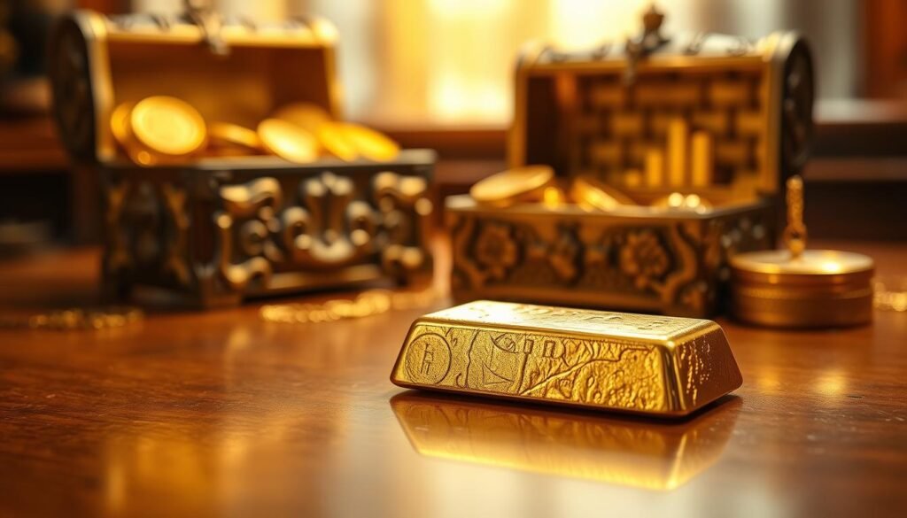 A shimmering golden bar rests on a polished wooden table, reflecting the warm, ambient lighting that casts a soft glow across the scene. In the background, a collection of gold coins and jewelry sit in an ornate, antique treasure chest, hinting at the timeless allure of this precious metal. The composition is captured through a crisp, high-resolution lens, emphasizing the texture and lustre of the gold, conveying a sense of solidity, wealth, and security. The overall atmosphere exudes a timeless elegance, befitting the section title "Gold: The Timeless Investment Asset". A shimmering golden bar rests on a polished wooden table, reflecting the warm, ambient lighting that casts a soft glow across the scene. In the background, a collection of gold coins and jewelry sit in an ornate, antique treasure chest, hinting at the timeless allure of this precious metal. The composition is captured through a crisp, high-resolution lens, emphasizing the texture and lustre of the gold, conveying a sense of solidity, wealth, and security. The overall atmosphere exudes a timeless elegance, befitting the section title "Gold: The Timeless Investment Asset".