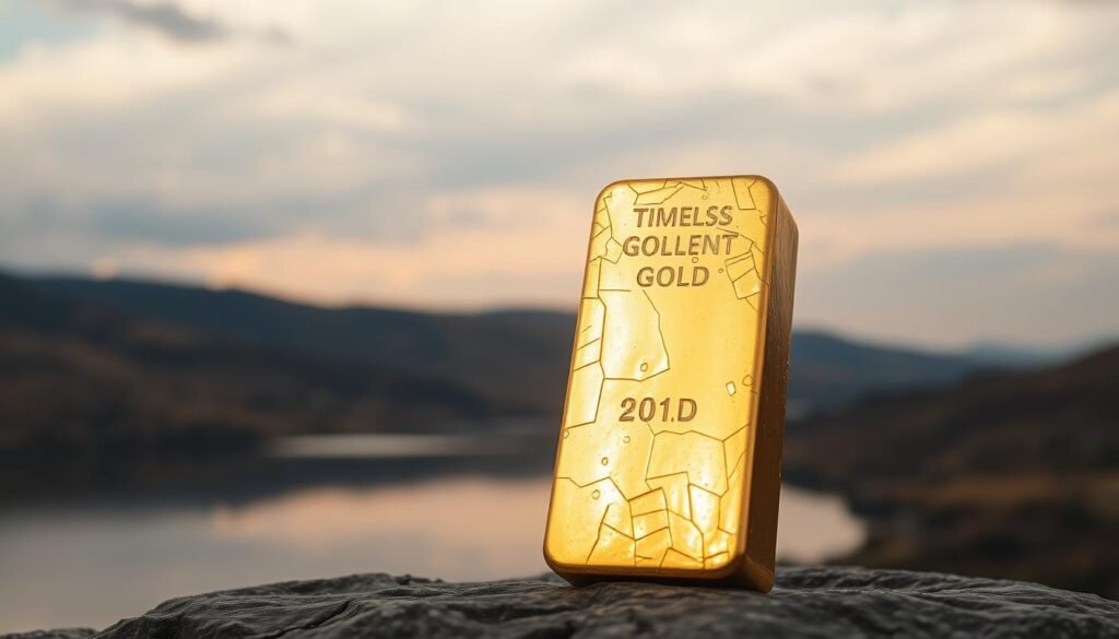 A shimmering golden ingot stands tall, radiating an aura of timeless value. The surface reflects the warm, low-angle lighting, highlighting the intricate grooves and textures of the pure metal. In the background, a serene landscape unfolds, with rolling hills and a tranquil lake mirroring the sky's subtle hues. The scene evokes a sense of stability, security, and the enduring allure of gold as a reliable store of value, weathering the ebb and flow of economic tides. Captured with a wide-angle lens, the composition emphasizes the ingot's solidity and the timelessness of this precious commodity.