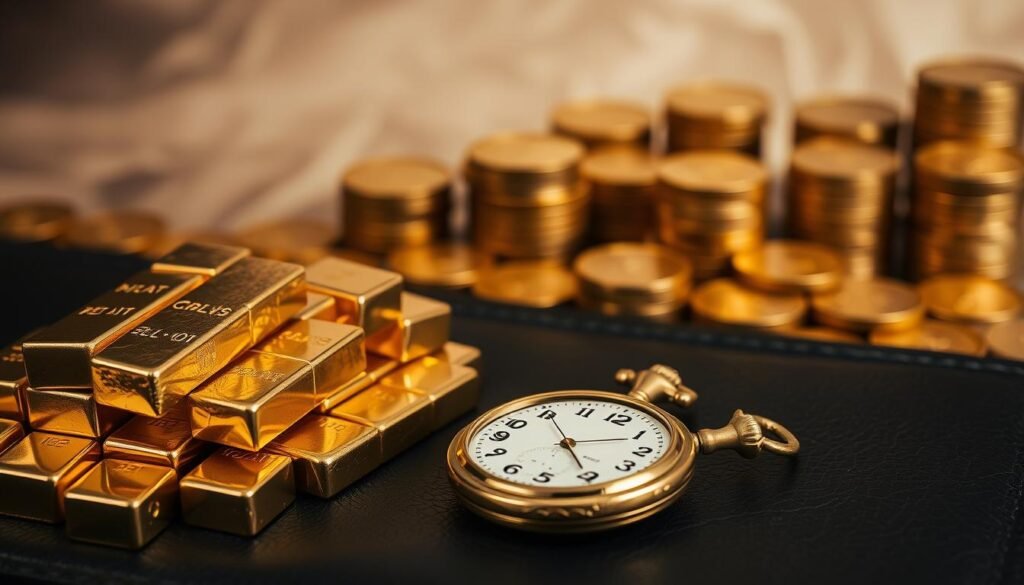 A shimmering pile of pure gold bullion bars, their surfaces reflecting the soft glow of a warm, diffused light. In the middle ground, a pair of vintage golden pocket watches sit on a black leather surface, their intricate mechanisms visible through the clear casings. The background is a muted, sepia-toned image of stacks of gold coins, their luster hinting at the enduring value and timeless allure of this precious metal as an investment asset. The overall scene conveys a sense of wealth, stability, and the enduring appeal of gold as a reliable, tangible store of value.