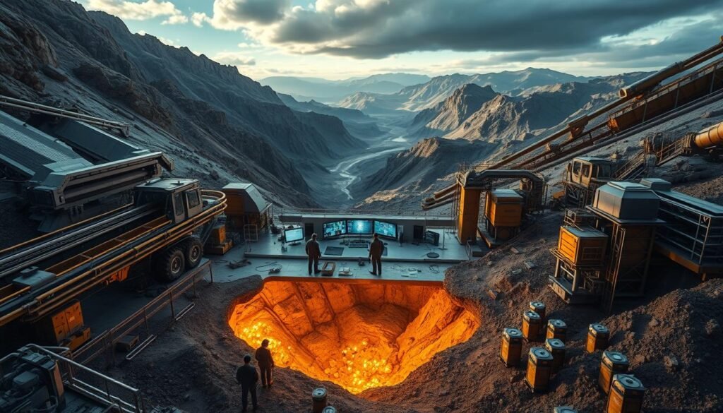 A sleek, high-tech gold extraction facility set against a backdrop of towering mountains. In the foreground, a network of advanced mining equipment, including automated excavators, conveyor belts, and ore processing machinery. Shimmering golden deposits peeking through the earth's surface, illuminated by precise, focused lighting that casts dramatic shadows. In the middle ground, a team of technicians meticulously monitoring the extraction process on a bank of digital displays, their movements choreographed and efficient. In the distance, a panoramic view of the rugged, natural landscape, hinting at the vast, untapped mineral wealth hidden beneath. An atmosphere of innovation, precision, and the seamless integration of technology with the natural world.