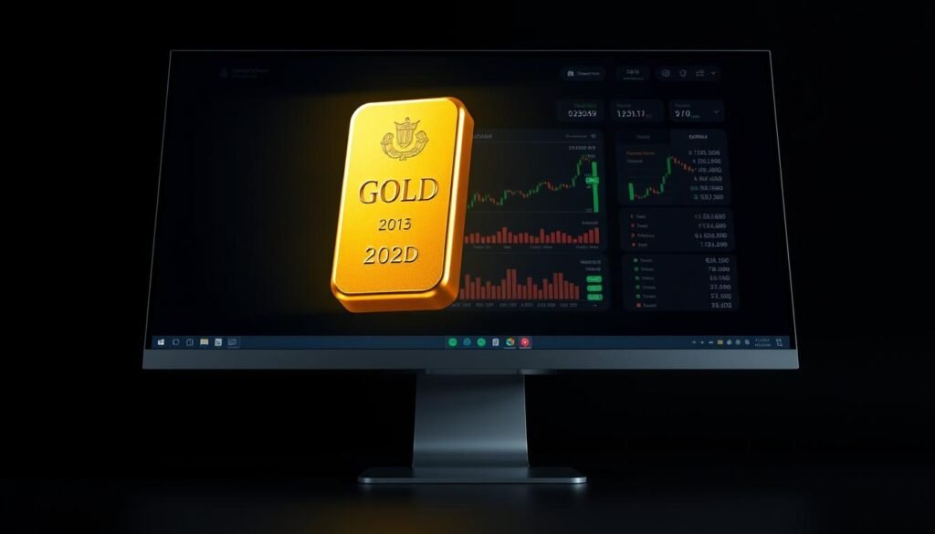 A sleek, modern computer monitor displaying a 3D rendered gold bullion against a dark, minimalist background. The gold bar is illuminated from the side, casting soft shadows and highlights that accentuate its intricate texture and lustre. The screen's interface showcases charts, graphs and digital financial data, signifying the digital nature of this "gold investment." The scene is captured from a slightly low angle, giving a sense of the monitor's imposing presence. The overall mood is one of sophistication, technology and the digital transformation of traditional financial assets.