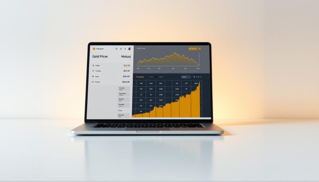 A sleek, modern desktop with a high-quality gold price calculator app displayed on a laptop screen, set against a minimalist white background. The calculator interface features clean lines, intuitive controls, and a prominently displayed gold price chart. Warm, directional lighting casts a subtle golden glow across the scene, emphasizing the premium nature of the tool. The composition is balanced, drawing the viewer's attention to the calculator's key functionalities. The overall mood is one of efficiency, professionalism, and financial authority. A sleek, modern desktop with a high-quality gold price calculator app displayed on a laptop screen, set against a minimalist white background. The calculator interface features clean lines, intuitive controls, and a prominently displayed gold price chart. Warm, directional lighting casts a subtle golden glow across the scene, emphasizing the premium nature of the tool. The composition is balanced, drawing the viewer's attention to the calculator's key functionalities. The overall mood is one of efficiency, professionalism, and financial authority.