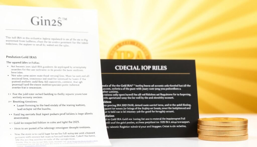 A sleek, modern financial document depicting the key regulations and guidelines for Gold IRAs in the year 2025. The foreground features a clean, minimalist design with elegant typography outlining the updated rules and requirements. In the middle ground, a golden IRA symbol or emblem subtly anchors the composition. The background showcases a subtle, radiant golden gradient, conveying a sense of prestige and exclusivity associated with this specialized retirement account. The lighting is soft and diffused, creating a refined, professional atmosphere. The overall tone is one of clarity, authority, and financial sophistication. A sleek, modern financial document depicting the key regulations and guidelines for Gold IRAs in the year 2025. The foreground features a clean, minimalist design with elegant typography outlining the updated rules and requirements. In the middle ground, a golden IRA symbol or emblem subtly anchors the composition. The background showcases a subtle, radiant golden gradient, conveying a sense of prestige and exclusivity associated with this specialized retirement account. The lighting is soft and diffused, creating a refined, professional atmosphere. The overall tone is one of clarity, authority, and financial sophistication.