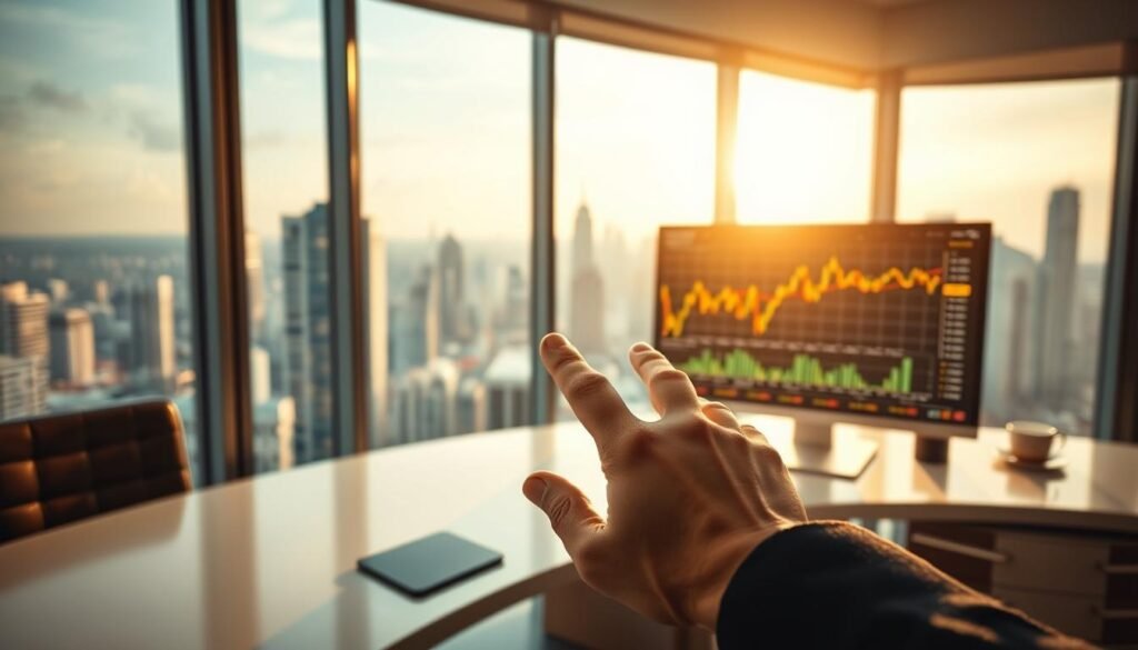 A sleek, modern office interior with a large window overlooking a bustling city skyline. On the desk, a gold-colored ETF chart and trading data display on a high-resolution monitor, casting a warm glow across the space. The room is illuminated by soft, natural lighting from the window, creating a sense of calm and focus. In the foreground, a well-manicured hand gestures towards the ETF data, signifying the strategic importance of this financial instrument within a diversified investment portfolio. The overall atmosphere conveys the power and potential of gold ETFs to enhance modern investment strategies.