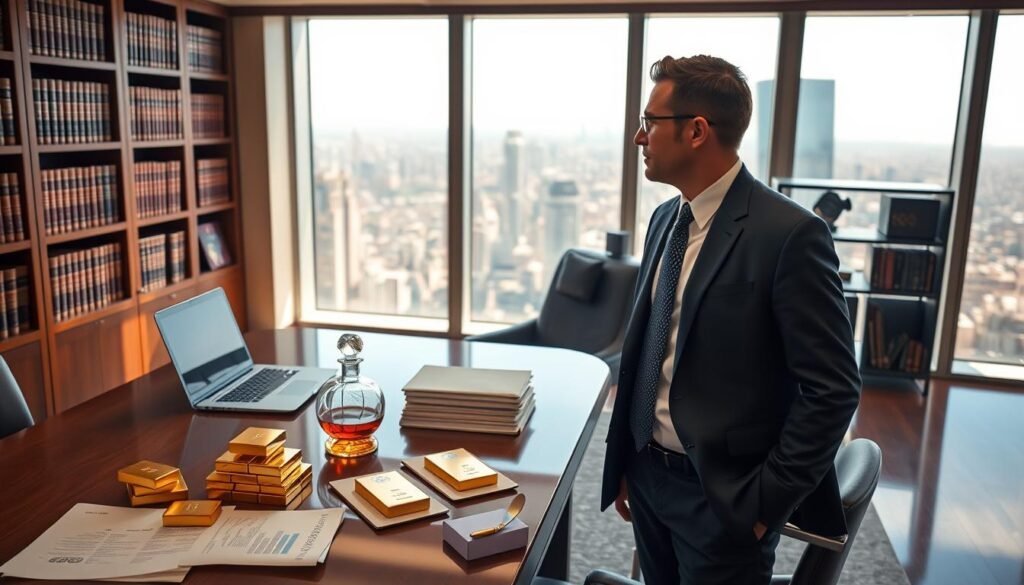 A sleek modern office setting, bathed in warm, natural lighting from large windows. On a polished mahogany desk, stacks of gold bullion bars sit alongside elegant financial documents, a laptop, and a crystal decanter containing an amber liquid. The walls are lined with bookshelves filled with leather-bound tomes, conveying a sense of timeless wealth and expertise. In the foreground, a businessman in a tailored suit stands contemplatively, gazing out the window at the sprawling cityscape, symbolizing the balance between tradition and innovation in preserving one's wealth. A sleek modern office setting, bathed in warm, natural lighting from large windows. On a polished mahogany desk, stacks of gold bullion bars sit alongside elegant financial documents, a laptop, and a crystal decanter containing an amber liquid. The walls are lined with bookshelves filled with leather-bound tomes, conveying a sense of timeless wealth and expertise. In the foreground, a businessman in a tailored suit stands contemplatively, gazing out the window at the sprawling cityscape, symbolizing the balance between tradition and innovation in preserving one's wealth.