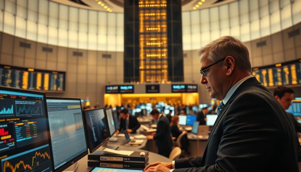 A sleek, modern regulatory agency office overlooking a bustling gold trading floor. In the foreground, a team of financial analysts pore over data displays and computer screens, their faces illuminated by the glow of the screens. In the middle ground, brokers in suits hustle across the trading floor, placing orders and monitoring prices. In the background, a towering, glass-walled office looks out over the trading activity, with a stern-faced regulator overseeing the proceedings. Soft, warm lighting casts a golden hue over the scene, reflecting the precious metal being traded. The overall mood is one of controlled power and authority, signifying the importance of effective regulation in the gold markets.