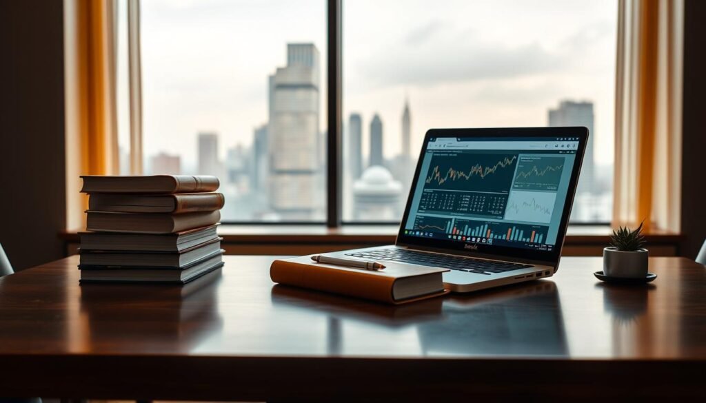 A sleek, modern study space with a polished wooden desk, a stack of gold investment books, and a laptop displaying charts and graphs. Soft, indirect lighting casts a warm glow, creating an atmosphere of focused learning and financial empowerment. In the background, a large window overlooking a cityscape, symbolizing the global reach of gold investment opportunities. The overall scene conveys the importance of educating oneself to make informed decisions in the world of gold investing.