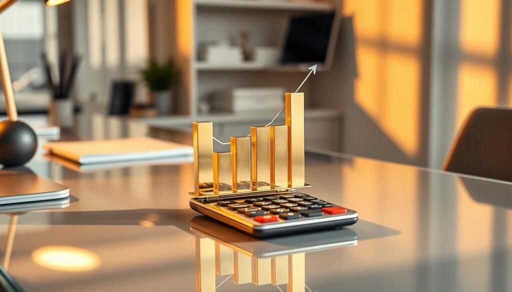 A sleek, modern workspace with a glass desk and minimalist decor. On the desk, a gold and silver bar graph hovers above a calculator, illustrating the gold-silver ratio. Warm, directional lighting casts shadows, creating a sense of depth. The scene has a polished, professional atmosphere, inviting the viewer to explore the dynamics of this important financial metric.