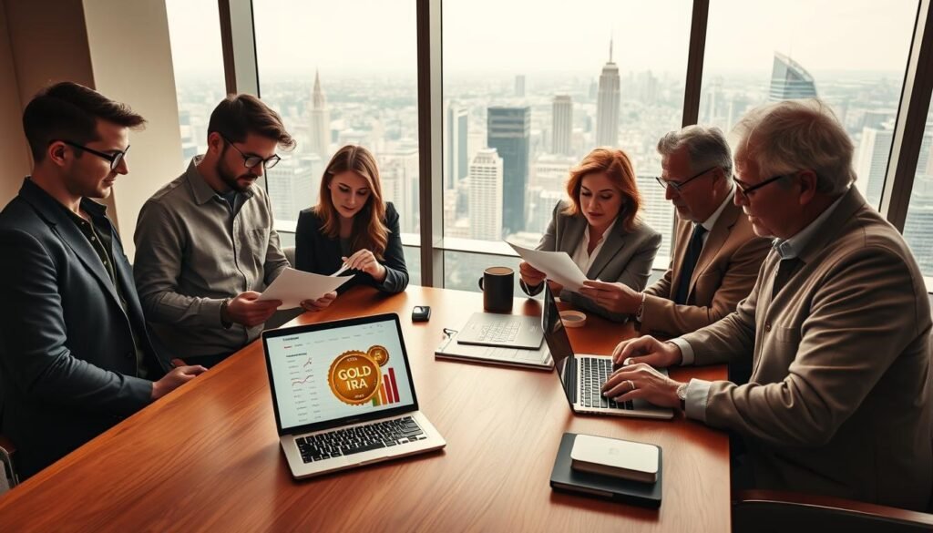 A sophisticated composition capturing the demographics of gold IRA investors in 2023. In the foreground, diverse individuals - millennials, Gen X, and boomers - reviewing financial documents, discussing investment strategies. Subtle hints of wealth in their attire and accessories. The middle ground features a polished oak desk, a laptop displaying a portfolio tracker, and a golden IRA logo. In the background, floor-to-ceiling windows offer a panoramic view of a bustling financial district, conveying the sense of a thriving, evolving investment landscape. Soft, warm lighting casts a golden glow, complementing the overall theme. Captured with a wide-angle lens to emphasize the depth and grandeur of the scene. A sophisticated composition capturing the demographics of gold IRA investors in 2023. In the foreground, diverse individuals - millennials, Gen X, and boomers - reviewing financial documents, discussing investment strategies. Subtle hints of wealth in their attire and accessories. The middle ground features a polished oak desk, a laptop displaying a portfolio tracker, and a golden IRA logo. In the background, floor-to-ceiling windows offer a panoramic view of a bustling financial district, conveying the sense of a thriving, evolving investment landscape. Soft, warm lighting casts a golden glow, complementing the overall theme. Captured with a wide-angle lens to emphasize the depth and grandeur of the scene.