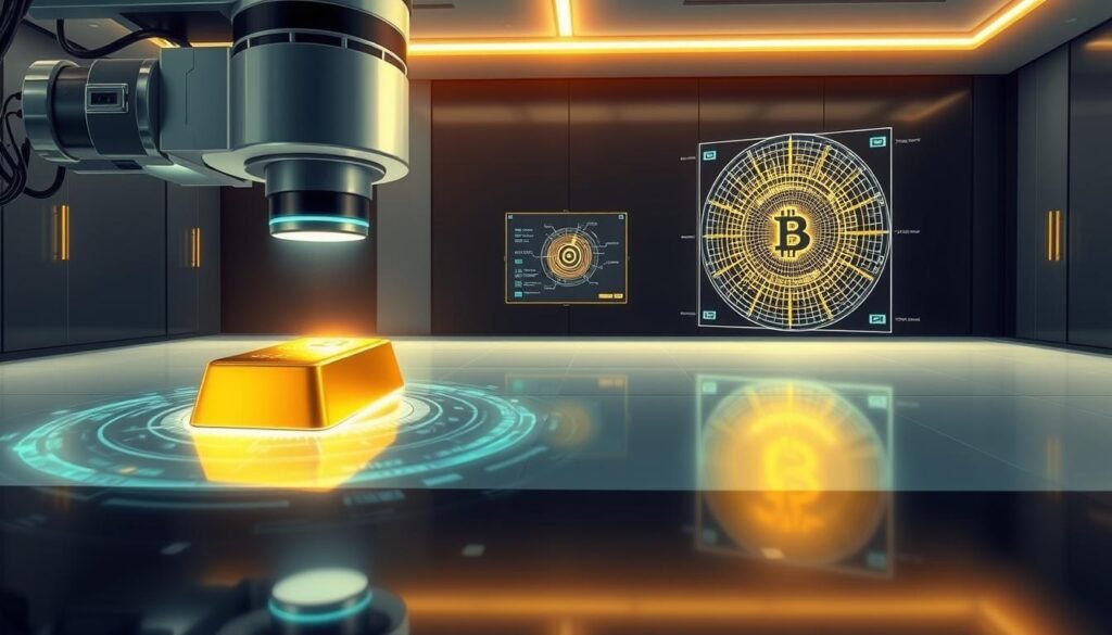 A sophisticated, high-tech authentication system for gold, captured in a striking digital illustration. In the foreground, a gleaming gold ingot is meticulously scanned by advanced sensor equipment, its surface glowing with intricate patterns of data. In the middle ground, holographic displays showcase complex algorithms analyzing the gold's unique molecular signature. The background depicts a sleek, minimalist laboratory setting, with clean lines, subdued lighting, and a sense of precision and innovation. The overall atmosphere conveys the evolution of gold authentication, balancing the timeless allure of the precious metal with cutting-edge technology that ensures its authenticity. A sophisticated, high-tech authentication system for gold, captured in a striking digital illustration. In the foreground, a gleaming gold ingot is meticulously scanned by advanced sensor equipment, its surface glowing with intricate patterns of data. In the middle ground, holographic displays showcase complex algorithms analyzing the gold's unique molecular signature. The background depicts a sleek, minimalist laboratory setting, with clean lines, subdued lighting, and a sense of precision and innovation. The overall atmosphere conveys the evolution of gold authentication, balancing the timeless allure of the precious metal with cutting-edge technology that ensures its authenticity.