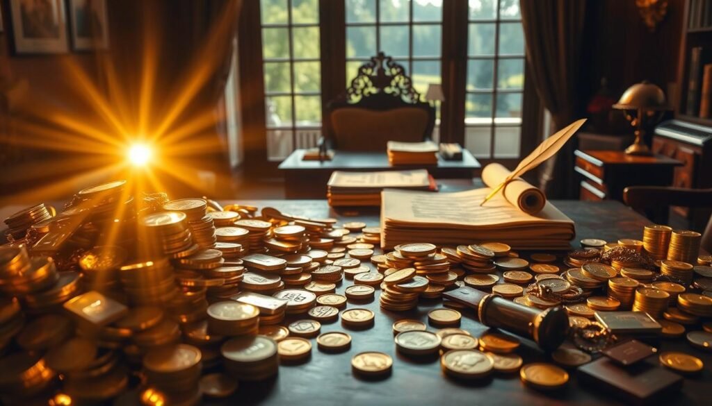 A sprawling arrangement of gleaming gold bars, coins, and jewelry occupies the foreground, casting warm, radiant light. In the middle ground, an antique wooden desk holds stacks of official documents and a quill pen, symbolic of the legal and financial proceedings surrounding an inheritance. The background is a dimly lit, opulent study, adorned with rich mahogany furnishings and a large window overlooking a verdant landscape, suggesting the grandeur and legacy associated with gold asset inheritance. The scene evokes a sense of solemn responsibility, historical significance, and the weight of passing down valuable family heirlooms. A sprawling arrangement of gleaming gold bars, coins, and jewelry occupies the foreground, casting warm, radiant light. In the middle ground, an antique wooden desk holds stacks of official documents and a quill pen, symbolic of the legal and financial proceedings surrounding an inheritance. The background is a dimly lit, opulent study, adorned with rich mahogany furnishings and a large window overlooking a verdant landscape, suggesting the grandeur and legacy associated with gold asset inheritance. The scene evokes a sense of solemn responsibility, historical significance, and the weight of passing down valuable family heirlooms.