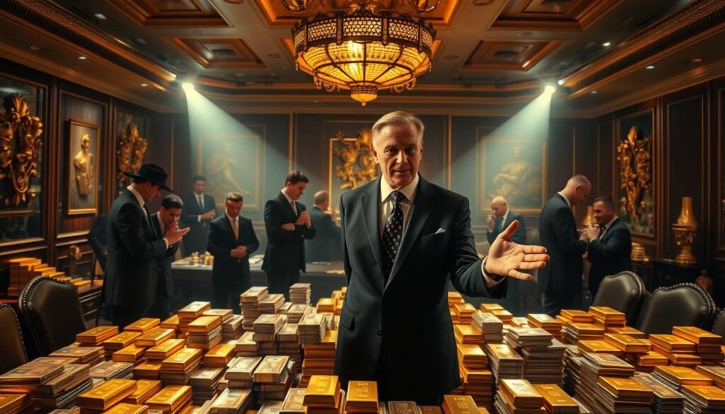 A sprawling conference room, where shady figures in suits whisper over piles of gold bars and stacks of cash. Ominous shadows cast by harsh spotlights, creating an atmosphere of unease and deception. In the foreground, a slick salesman gestures persuasively, luring in unsuspecting investors with promises of easy riches. The walls are adorned with gaudy gold-plated decor, masking the underlying greed and manipulation. A sense of urgency and false urgency permeates the scene, as the scam artists work to capitalize on the growing interest in the gold market. A sprawling conference room, where shady figures in suits whisper over piles of gold bars and stacks of cash. Ominous shadows cast by harsh spotlights, creating an atmosphere of unease and deception. In the foreground, a slick salesman gestures persuasively, luring in unsuspecting investors with promises of easy riches. The walls are adorned with gaudy gold-plated decor, masking the underlying greed and manipulation. A sense of urgency and false urgency permeates the scene, as the scam artists work to capitalize on the growing interest in the gold market.