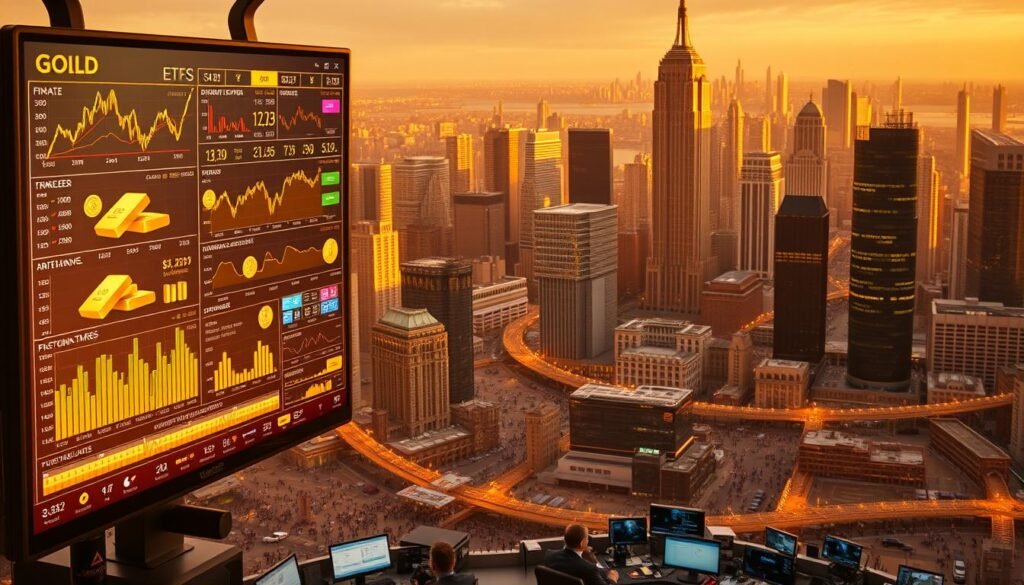 A sprawling financial district set against a golden skyline. In the foreground, a virtual trading screen displays a variety of gold investment options - bars, coins, ETFs, and futures contracts. Brokers and investors huddle around the screen, studying charts and graphs intently. The middle ground features a bustling trading floor, filled with the energy of deal-making and risk-taking. In the background, towering skyscrapers glisten in the warm, diffused light, symbolic of the vast wealth and economic power driving the global gold market. A sprawling financial district set against a golden skyline. In the foreground, a virtual trading screen displays a variety of gold investment options - bars, coins, ETFs, and futures contracts. Brokers and investors huddle around the screen, studying charts and graphs intently. The middle ground features a bustling trading floor, filled with the energy of deal-making and risk-taking. In the background, towering skyscrapers glisten in the warm, diffused light, symbolic of the vast wealth and economic power driving the global gold market.