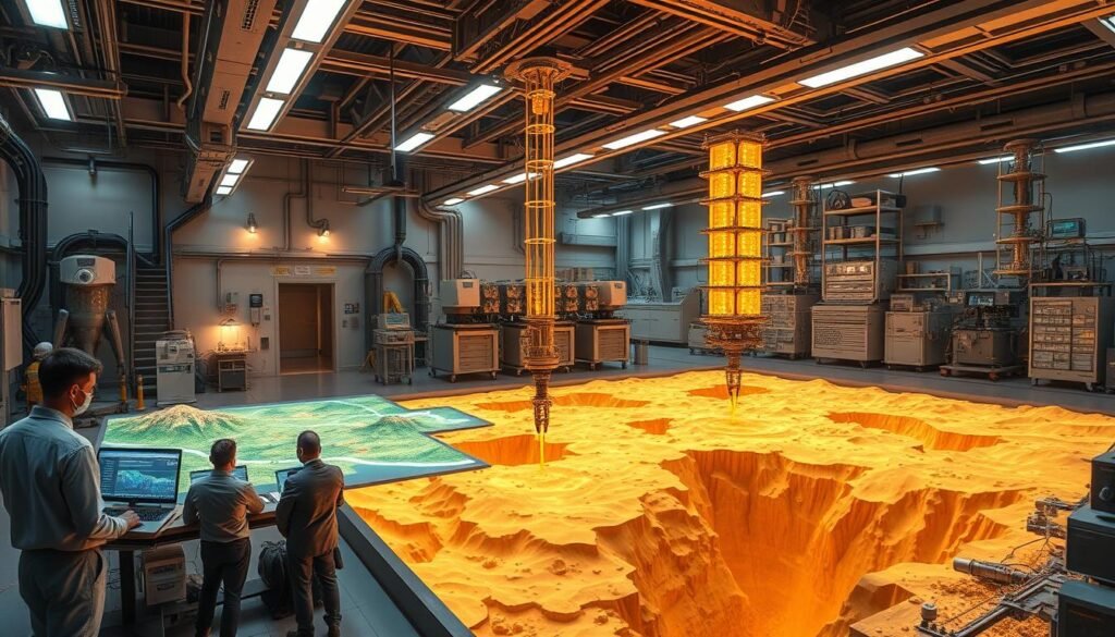 A sprawling, futuristic laboratory filled with cutting-edge technology for gold exploration. In the foreground, a team of scientists examines a high-resolution 3D map of a remote mountainous region, analyzing geological data and simulating drill patterns with sophisticated software. In the middle ground, robotic probes equipped with advanced sensors descend into deep underground shafts, scanning for precious mineral deposits. In the background, a towering array of spectrometers, mass spectrometers, and other analytical instruments glows with an ethereal, golden light, processing samples and yielding groundbreaking insights. An atmosphere of innovation and discovery pervades the scene, hinting at the transformative potential of these technological breakthroughs in the field of gold exploration. A sprawling, futuristic laboratory filled with cutting-edge technology for gold exploration. In the foreground, a team of scientists examines a high-resolution 3D map of a remote mountainous region, analyzing geological data and simulating drill patterns with sophisticated software. In the middle ground, robotic probes equipped with advanced sensors descend into deep underground shafts, scanning for precious mineral deposits. In the background, a towering array of spectrometers, mass spectrometers, and other analytical instruments glows with an ethereal, golden light, processing samples and yielding groundbreaking insights. An atmosphere of innovation and discovery pervades the scene, hinting at the transformative potential of these technological breakthroughs in the field of gold exploration.