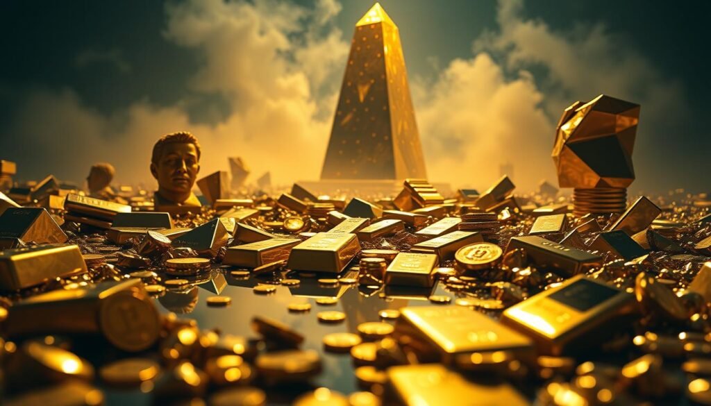 A sprawling, gleaming landscape of gold bars, coins, and nuggets, reflecting the diverse moods and mindsets of investors. In the foreground, a distorted, mirror-like surface captures the faces and expressions of onlookers, revealing their hopes, fears, and desires. The middle ground features a towering, faceted gold structure, casting warm, radiant light that dances across the scene. In the background, a hazy, dreamlike atmosphere envelops the entire composition, evoking the intangible nature of investor psychology and the allure of the precious metal. Dramatic chiaroscuro lighting emphasizes the contrast between light and shadow, creating a sense of depth and drama. The overall composition conveys the idea of gold as a reflective, emotional barometer of the investment world. A sprawling, gleaming landscape of gold bars, coins, and nuggets, reflecting the diverse moods and mindsets of investors. In the foreground, a distorted, mirror-like surface captures the faces and expressions of onlookers, revealing their hopes, fears, and desires. The middle ground features a towering, faceted gold structure, casting warm, radiant light that dances across the scene. In the background, a hazy, dreamlike atmosphere envelops the entire composition, evoking the intangible nature of investor psychology and the allure of the precious metal. Dramatic chiaroscuro lighting emphasizes the contrast between light and shadow, creating a sense of depth and drama. The overall composition conveys the idea of gold as a reflective, emotional barometer of the investment world.