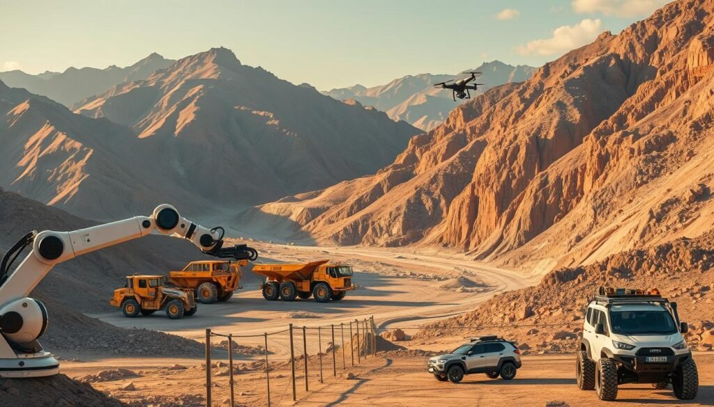 A sprawling gold mine, its vast machinery dwarfed by towering mountains, is the backdrop for a technological revolution. In the foreground, robotic arms wielding precision tools disrupt the traditional methods, symbolizing the industry's evolution. Sleek autonomous vehicles navigate the rugged terrain, while drones capture aerial perspectives. The scene is bathed in a warm, golden glow, reflecting the wealth and promise of this modernized sector. Through innovative processes and data-driven insights, this image conveys the current state of the gold mining industry, poised for a transformative future.